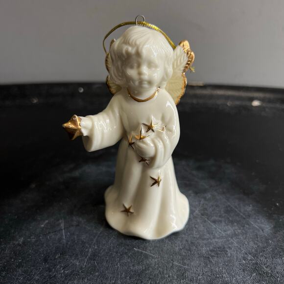 2001 Ivory Porcelain Christmas Angel Bell Ornament w/Gold Trim Holding Stars - Picture 1 of 6